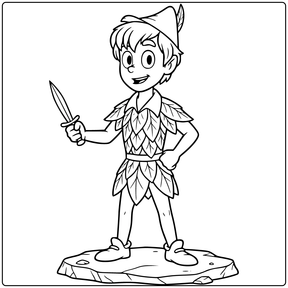 Peter Pan kleurplaat: trots op rotsrichel met bladoutfit