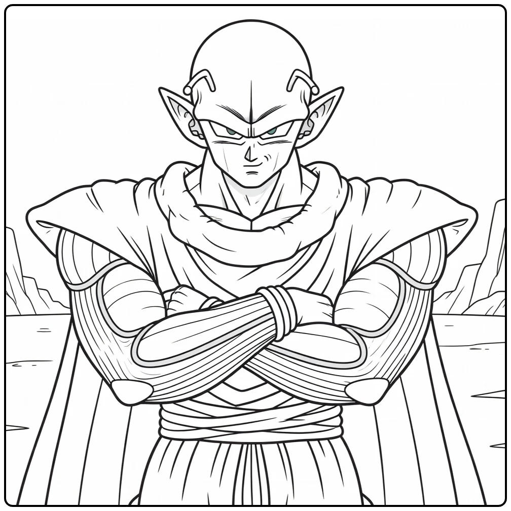 Piccolo Kleurplaat: gekruiste armen, strenge blik, cape