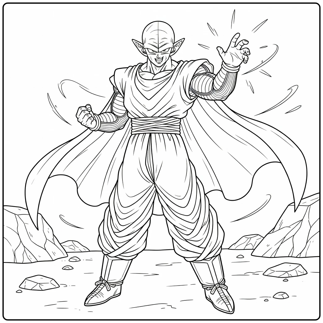 Piccolo Kleurplaat: krachtige pose met wapperende cape