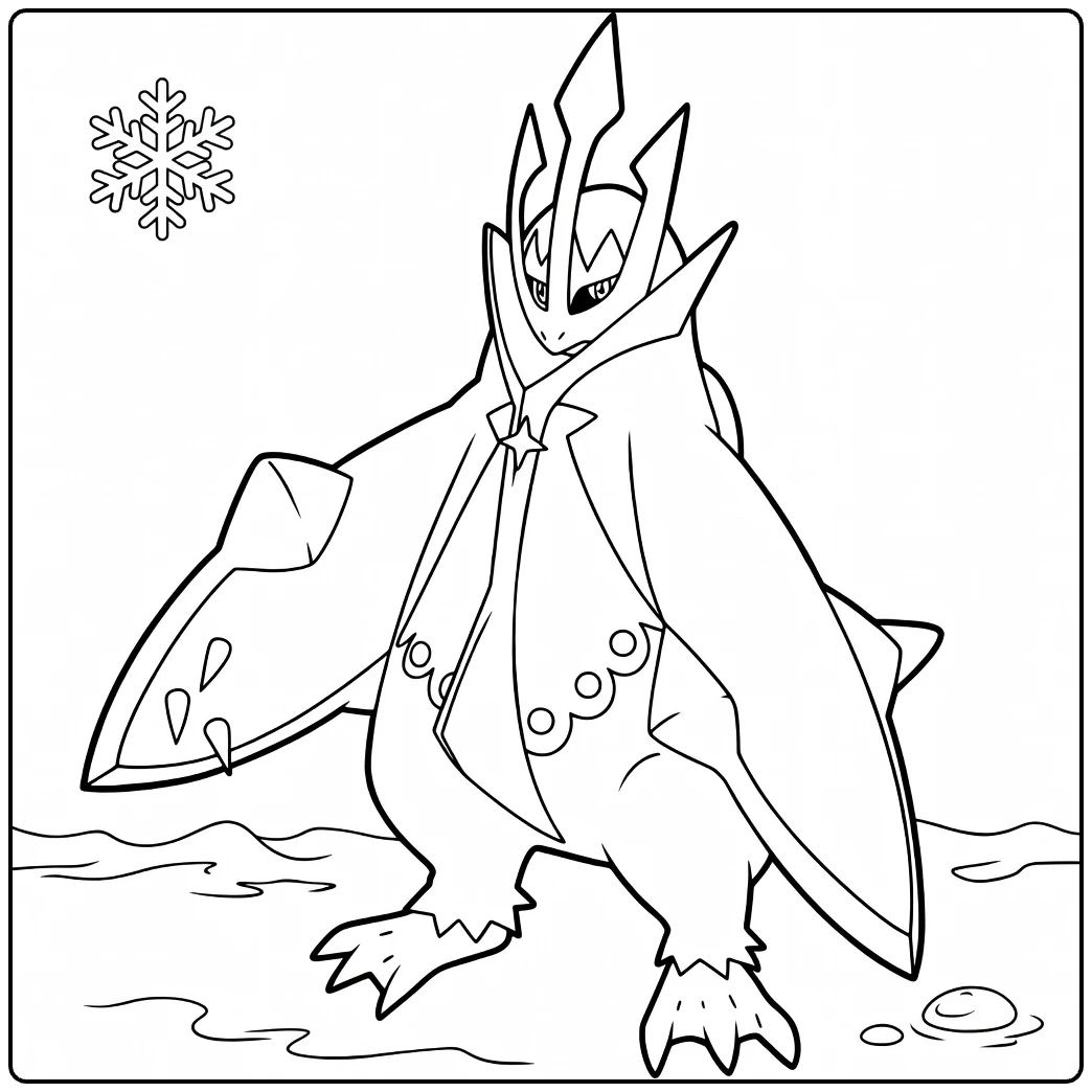 Piplup Water Pokemon Kleurplaat met sneeuw en chique cape