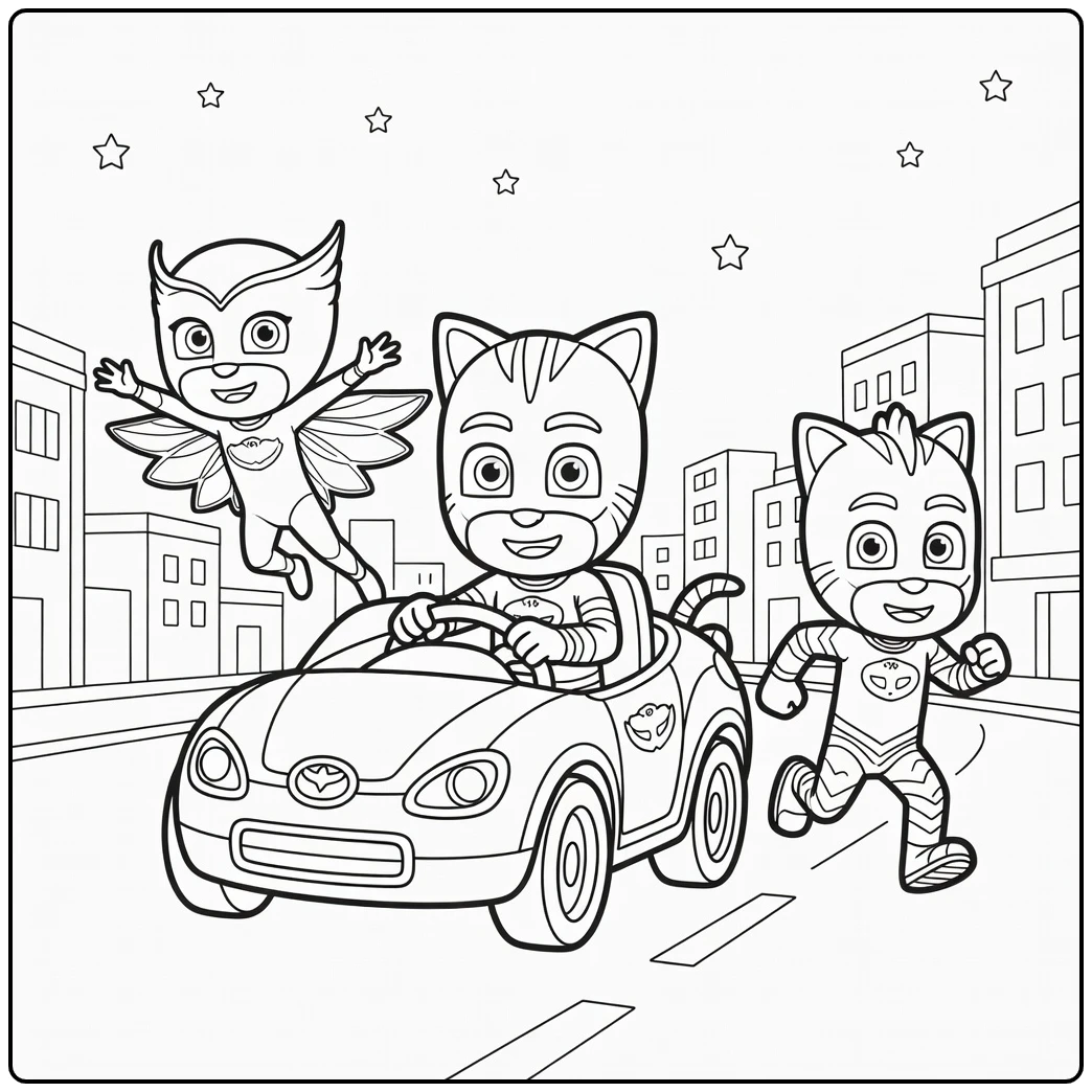 PJ Masks kleurplaat: Catboy rijdt Cat-Car, Owlette vliegt mee, Gekko naast