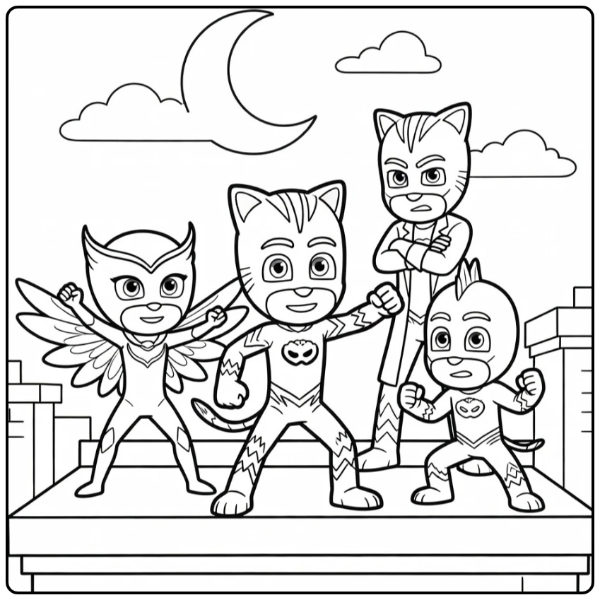 PJ Masks kleurplaat: Catboy centraal in heroïsche pose met Owlette, Gekko vs Romeo op dak met maan (58 chars)