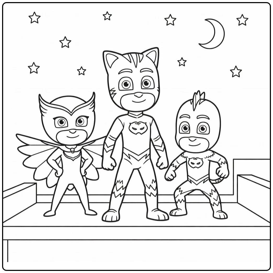 pj masks kleurplaat: Catboy met Owlette & Gekko op nachtdak