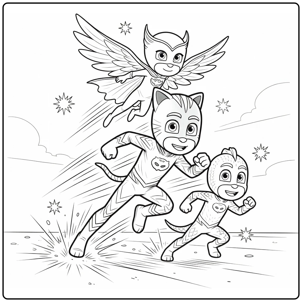 PJ Masks kleurplaat: Catboy racet met Owlette boven en Gekko