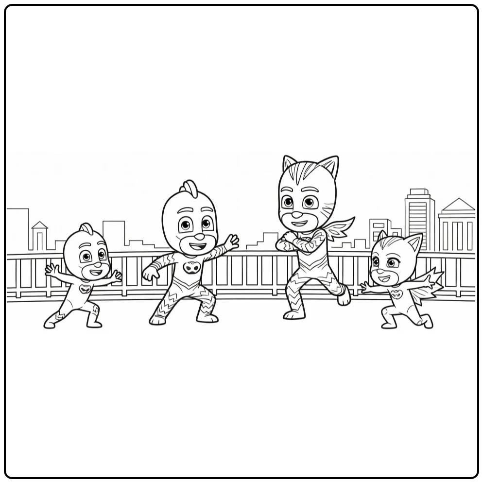 PJ Masks kleurplaat: Gekko vs Nachtninja en Ninjalino's op brug