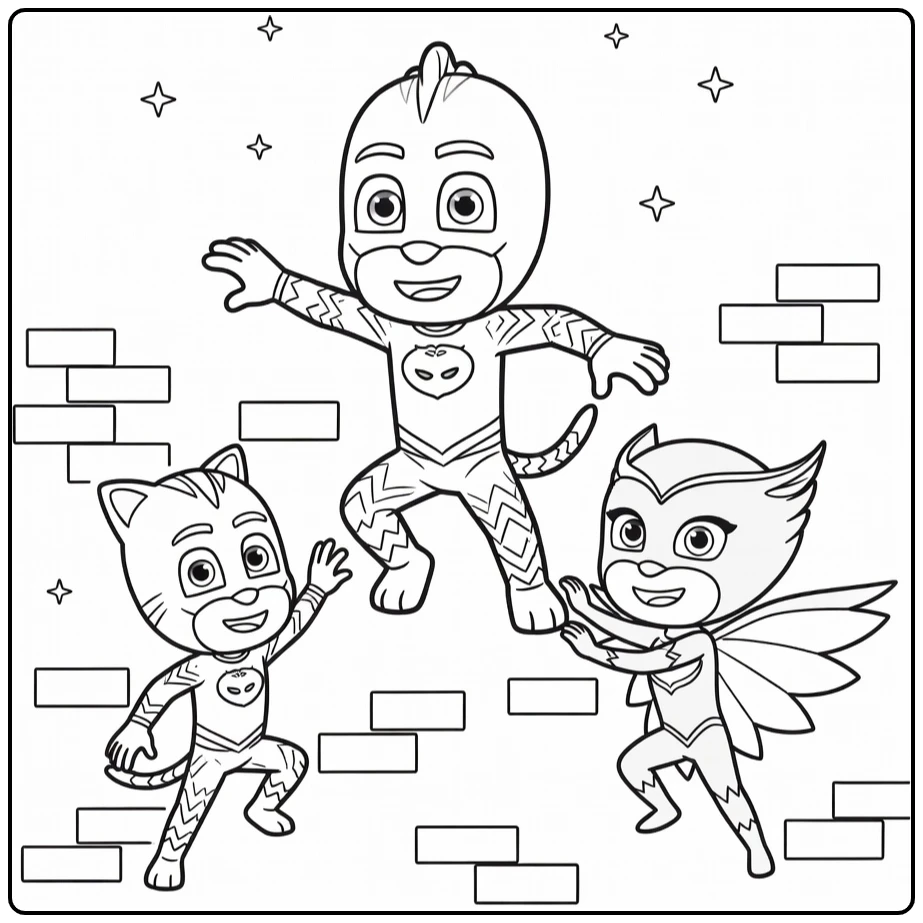 PJ Masks kleurplaat: Gekko klimt heroïsch met Catboy en Owlette