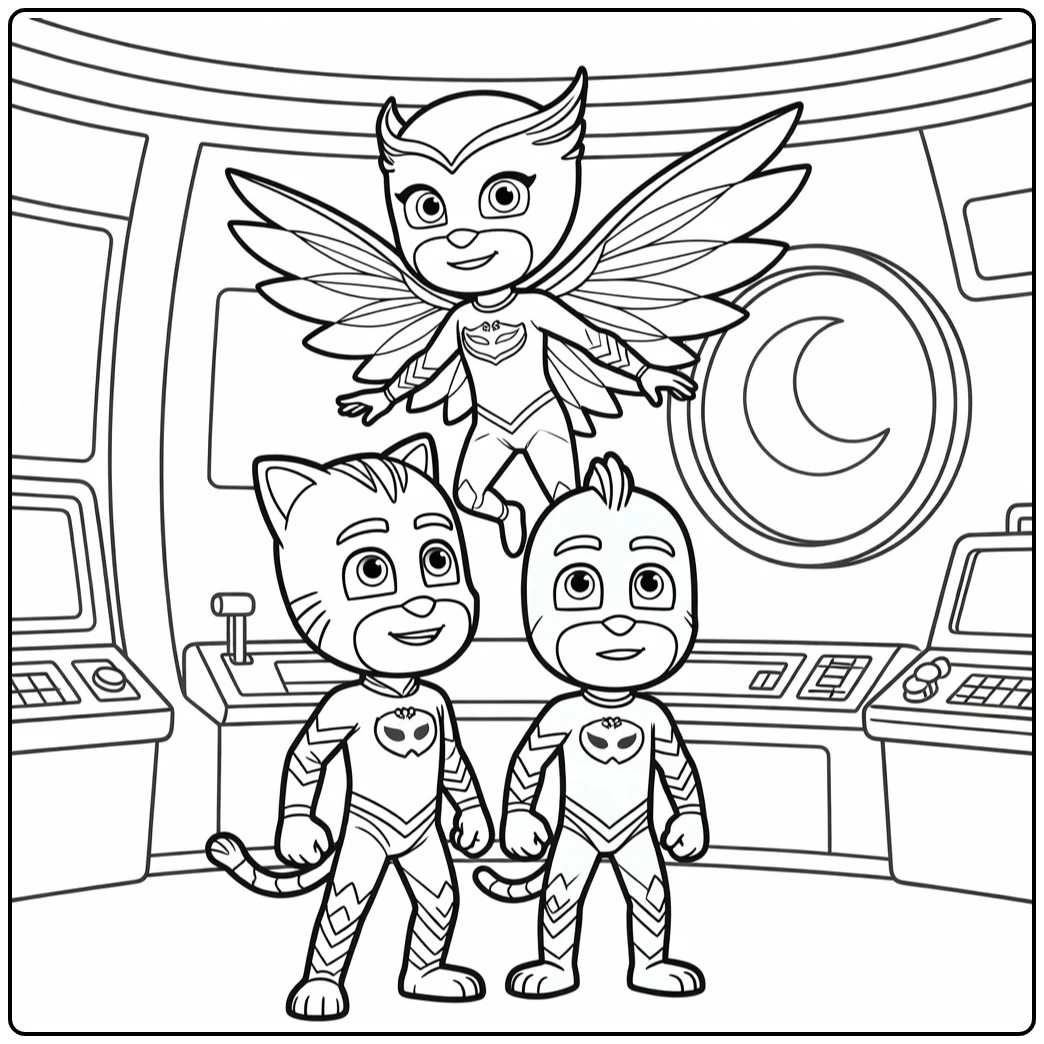 pj masks kleurplaat: Oehoe boven Katboy en Gekko