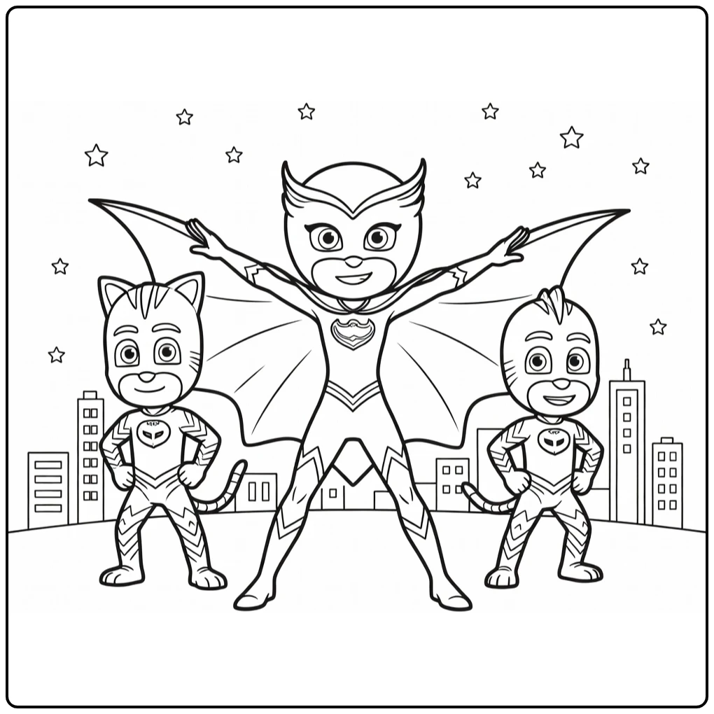 PJ Masks kleurplaat: Oelet spreidt cape heroïsch met Catboy en Gekko