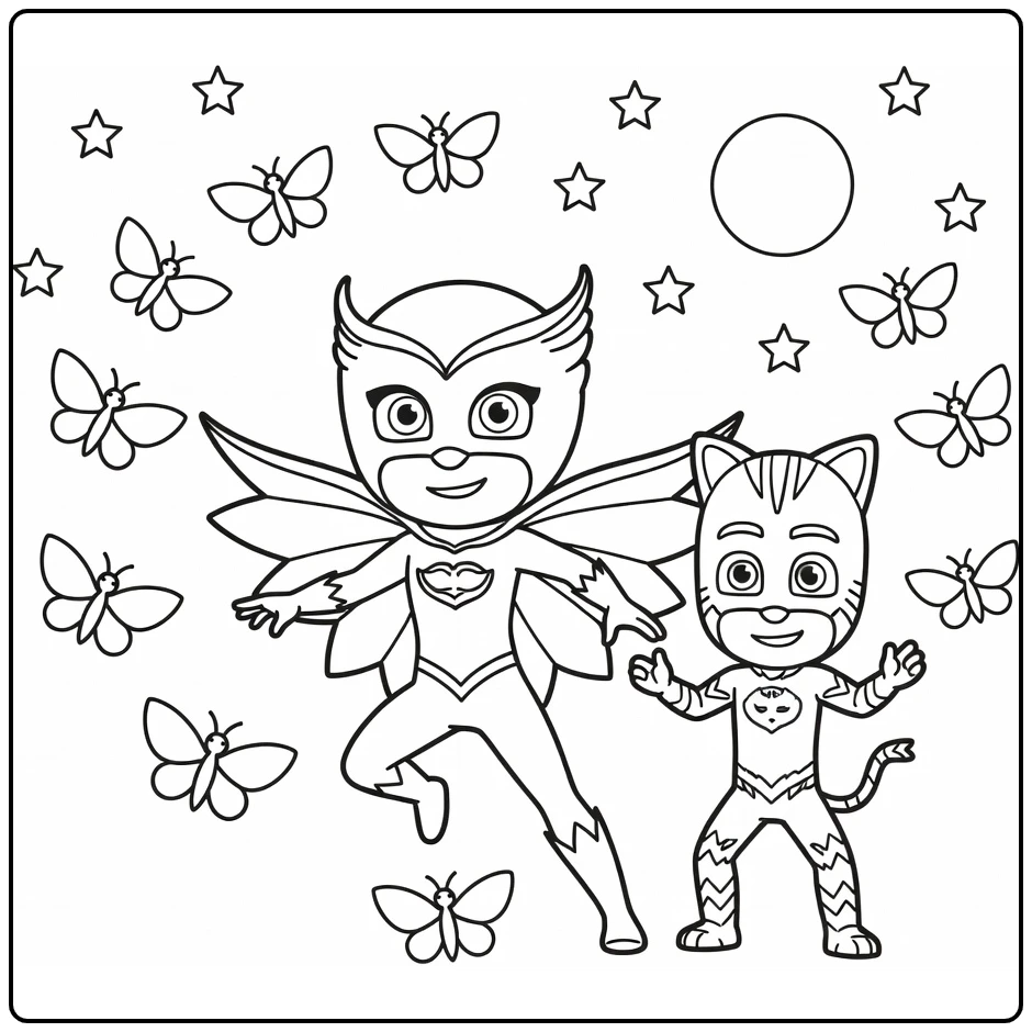 pj masks kleurplaat Owlette met Luna Girl motten Catboy
