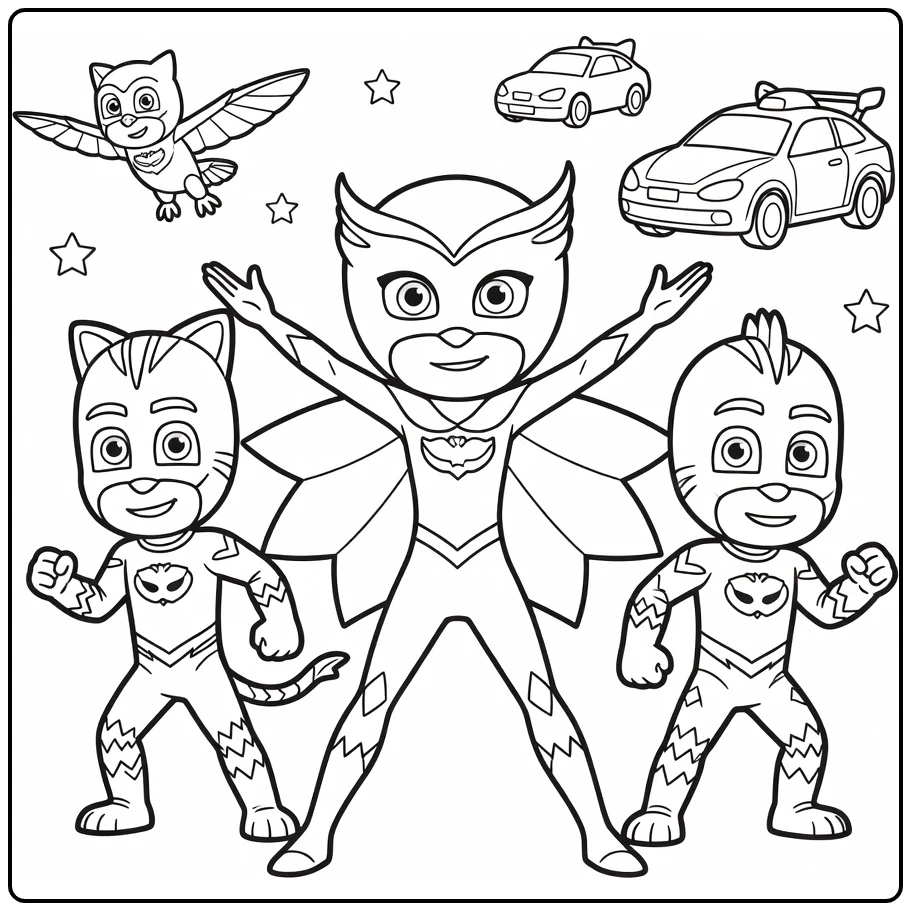 PJ Masks kleurplaat: Owlette centraal met Catboy, Gekko