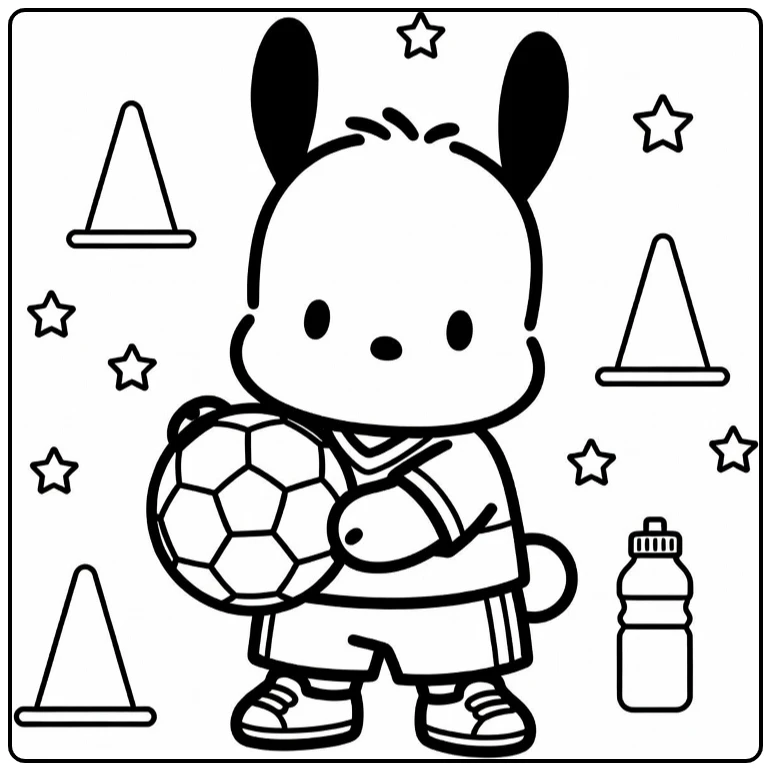 Pochacco Kleurplaat: sportief met voetbal, kegels en fles