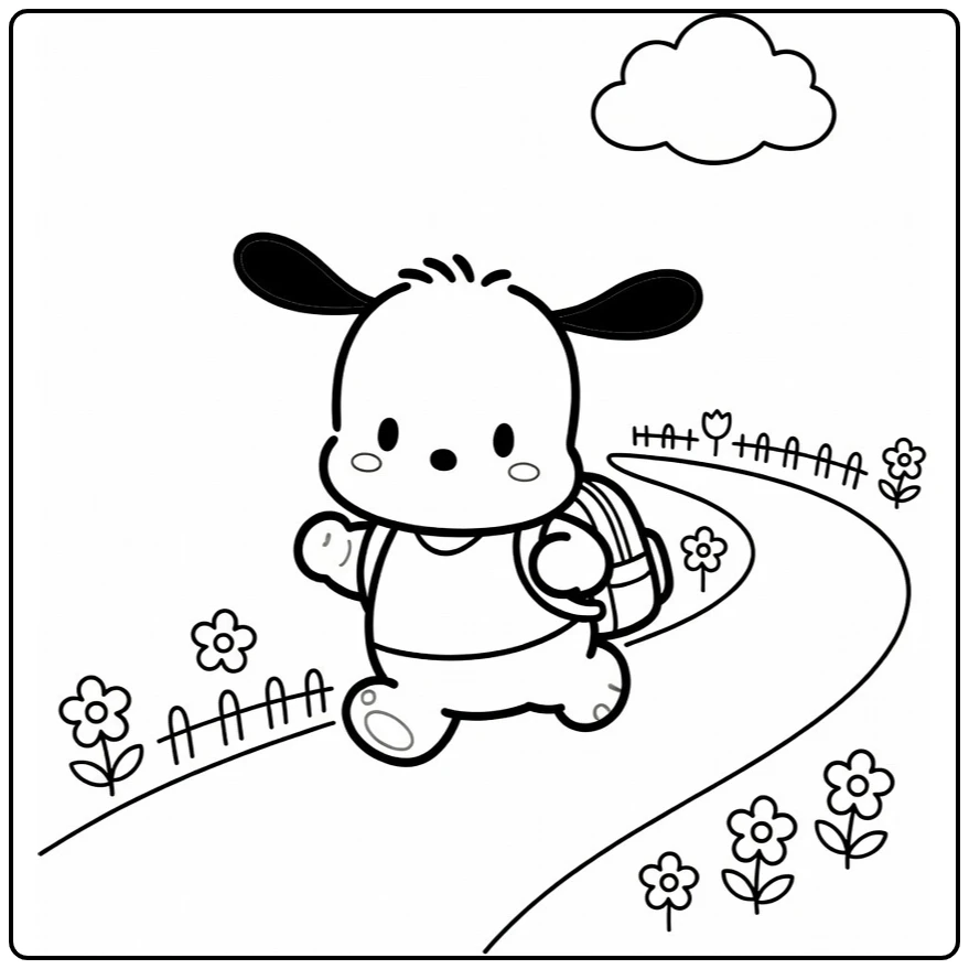 Pochacco Kleurplaat: huppelende Pochacco met rugzakje, bloemen