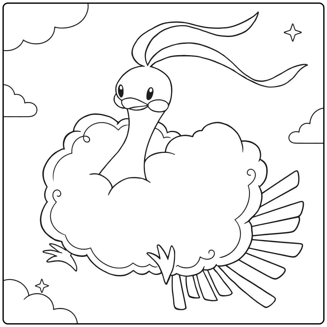 Pokemon Altaria kleurplaat met wolken en sterren