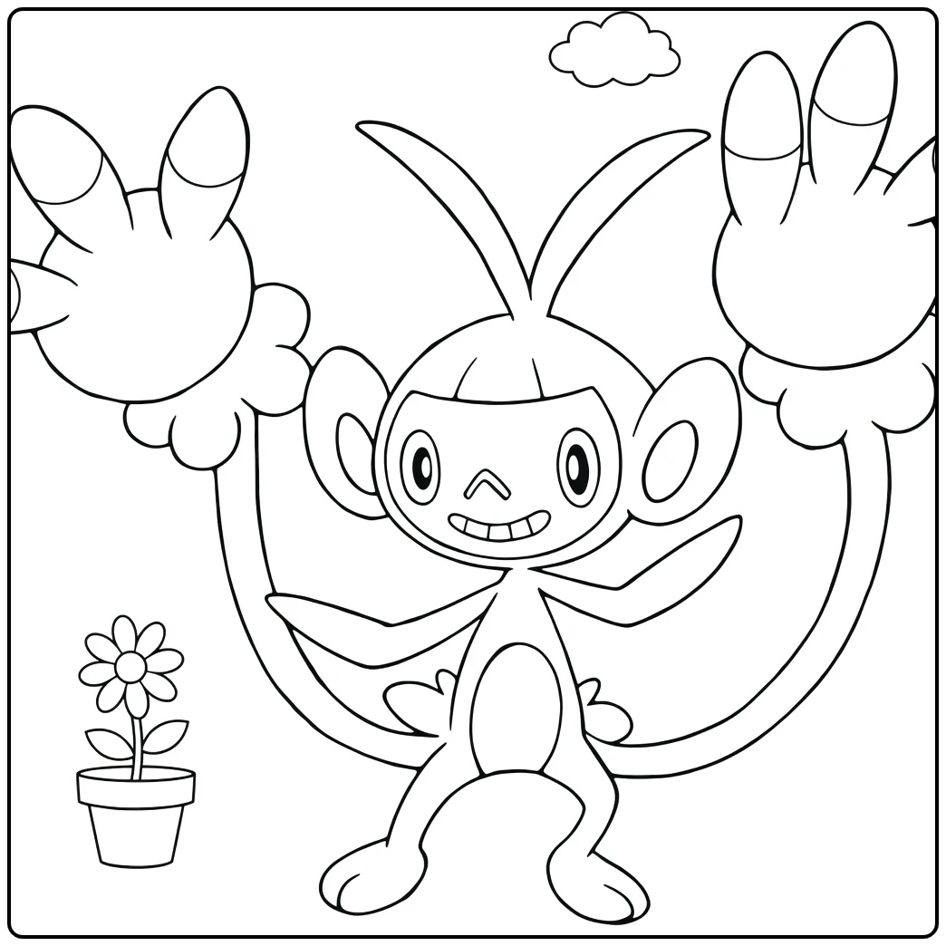 Pokemon Ambipom kleurplaat met opgeheven handen en bloempot