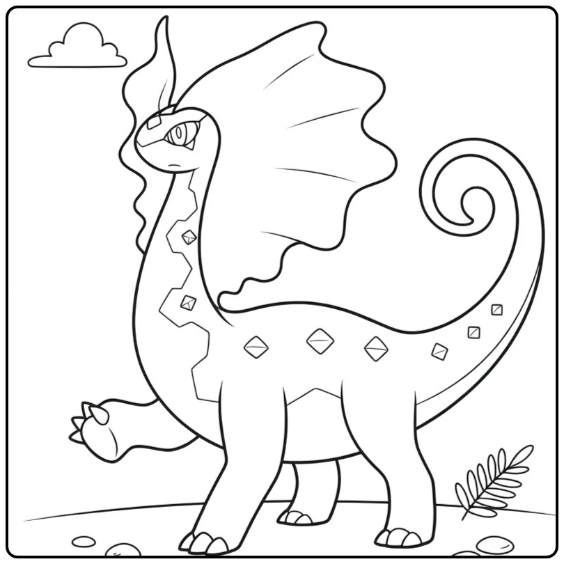 Pokemon Aurorus kleurplaat: dinosaurus met zeilvin en kristallen