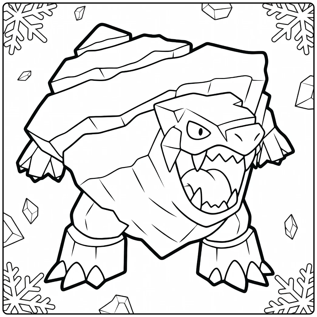 Pokemon Avalugg kleurplaat: brullend ijsmonster met sneeuw