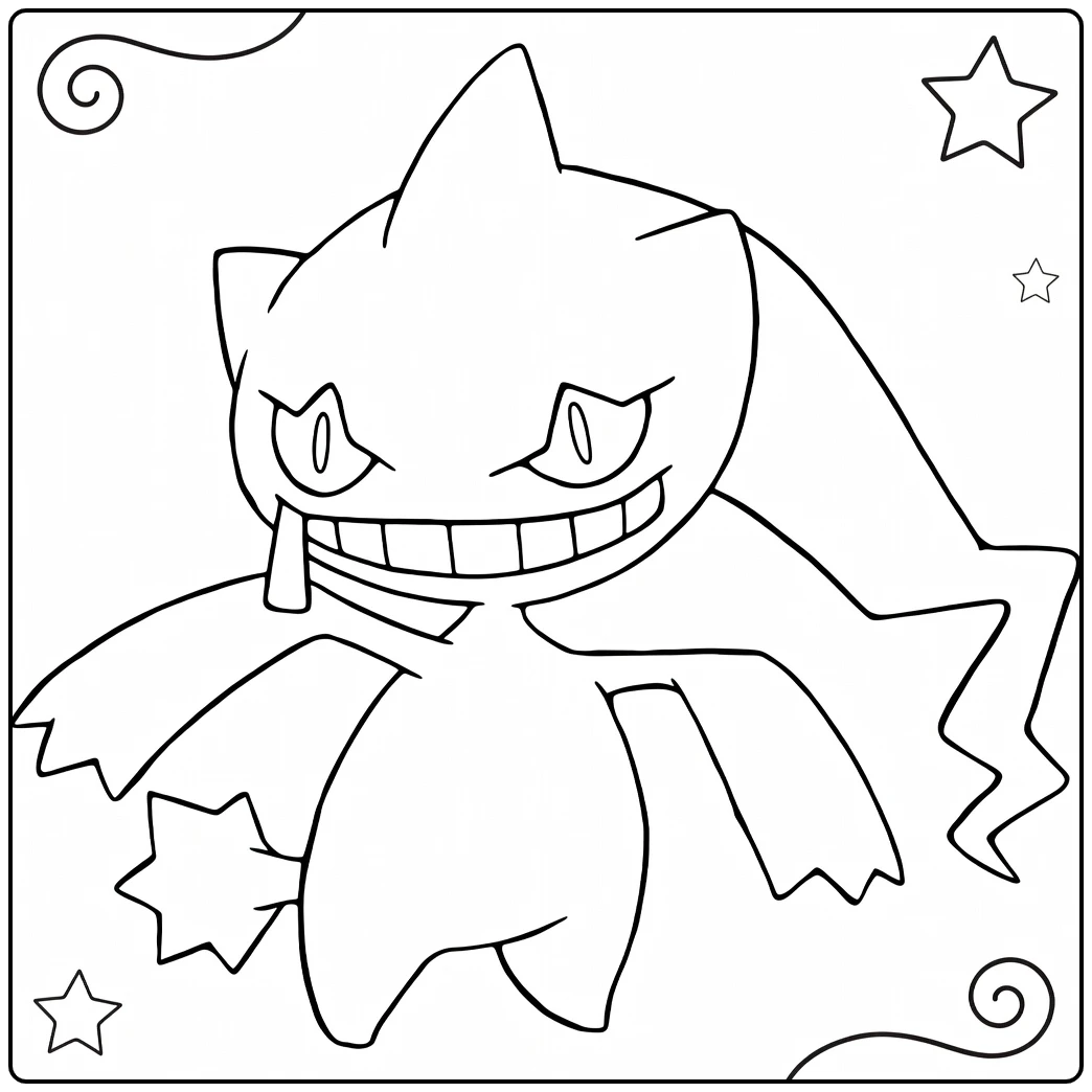Pokemon Banette kleurplaat met enge grijns en sterren