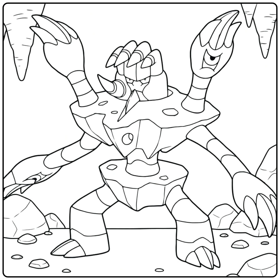 Pokemon Barbaracle kleurplaat: rotsmonster met klauwen in grot