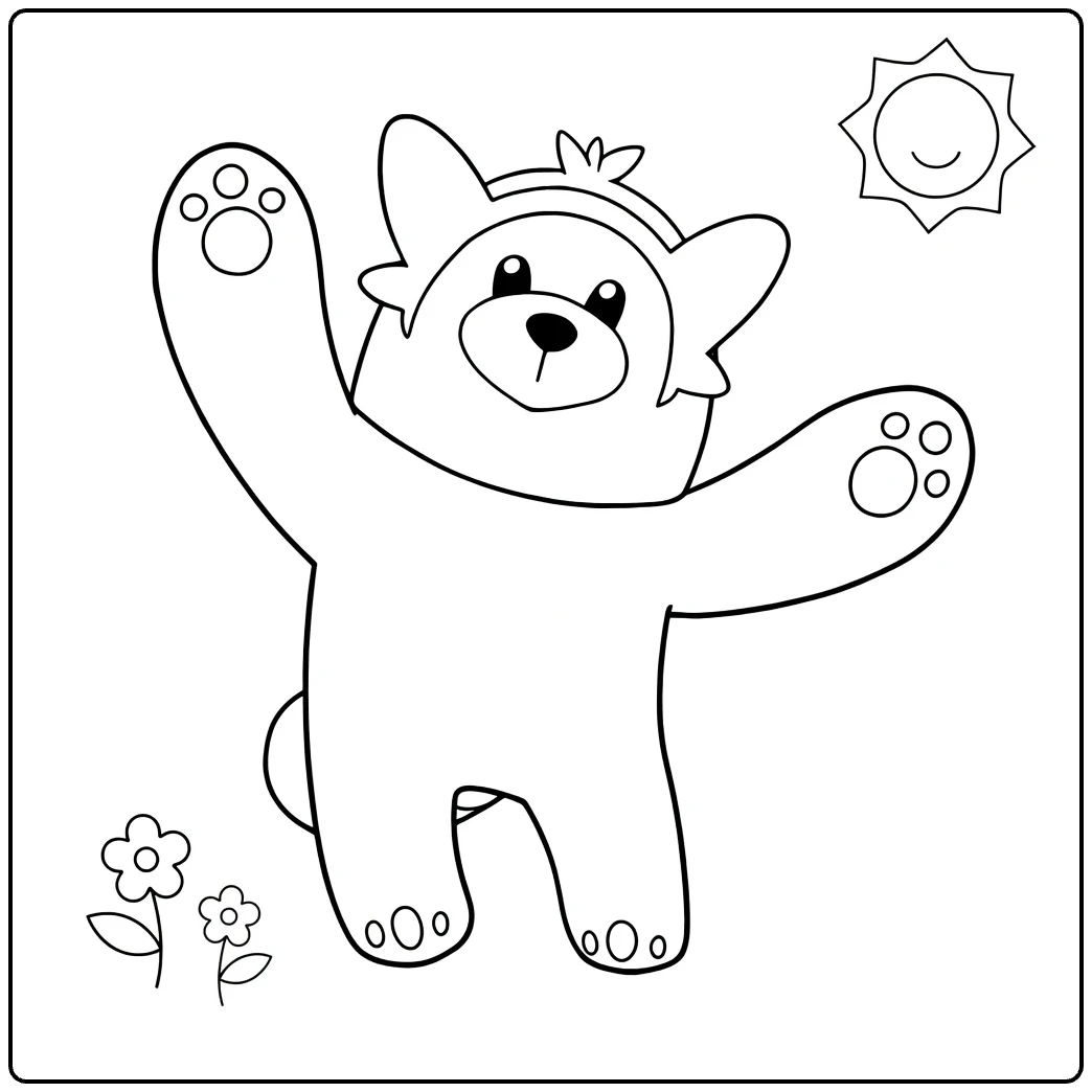 Pokemon Bewear kleurplaat met lachende zon en bloemen