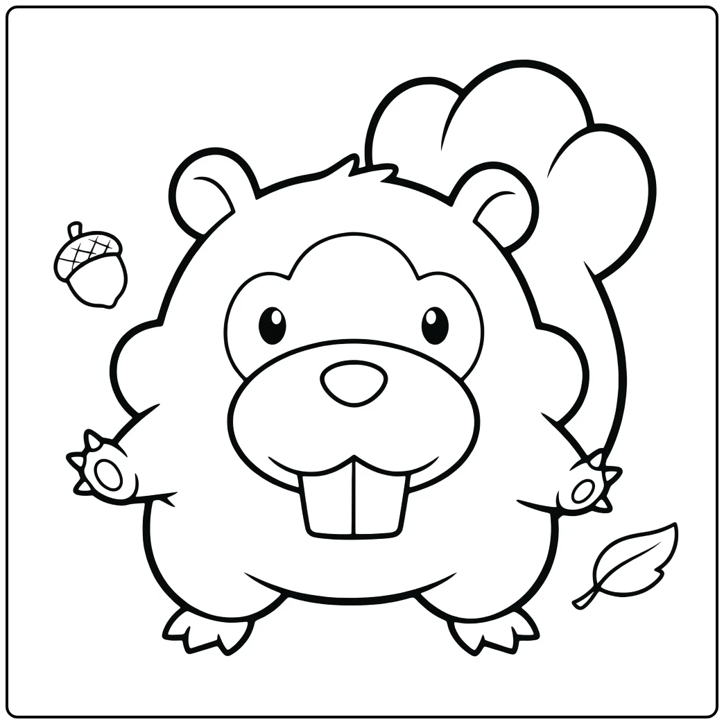 Pokemon Bidoof kleurplaat met eikel en blad, schattig