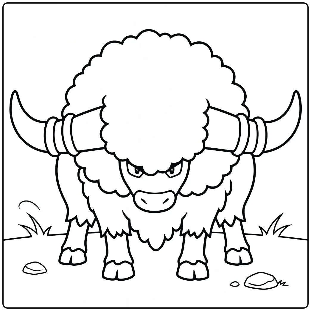 Pokemon Bouffalant kleurplaat: boze buffel met grote hoorns