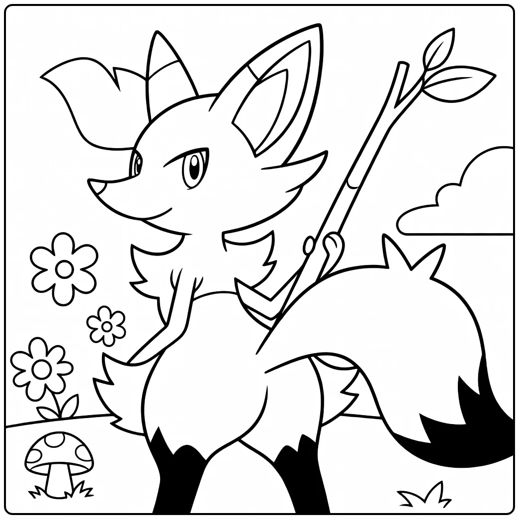 Pokemon Braixen kleurplaat met bloemen en paddestoel