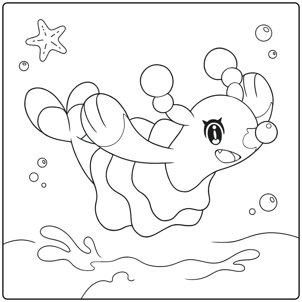 Pokemon Brionne kleurplaat zwemmend met bubbels