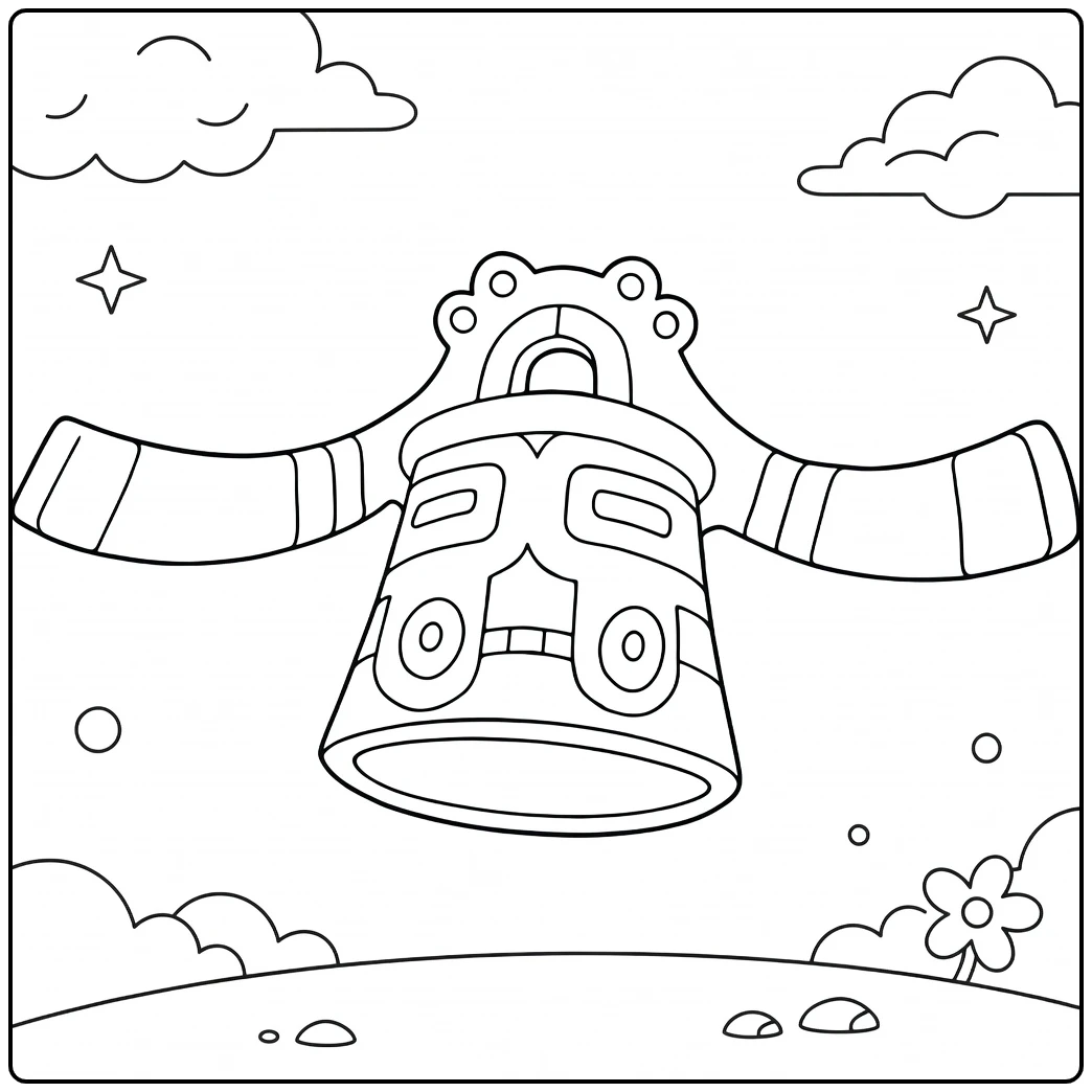 Pokemon Bronzong kleurplaat zwevend met wolken en sterren