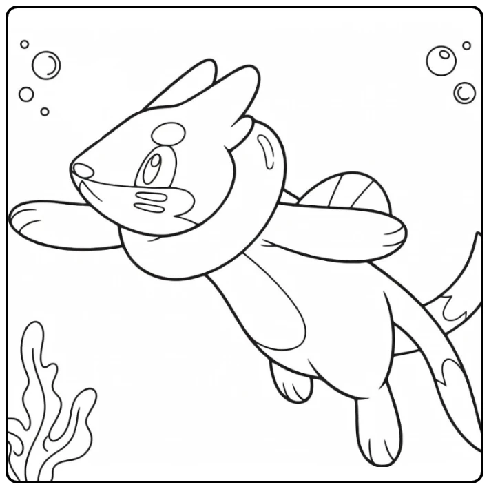 Pokemon Buizel kleurplaat zwemmend met bubbels