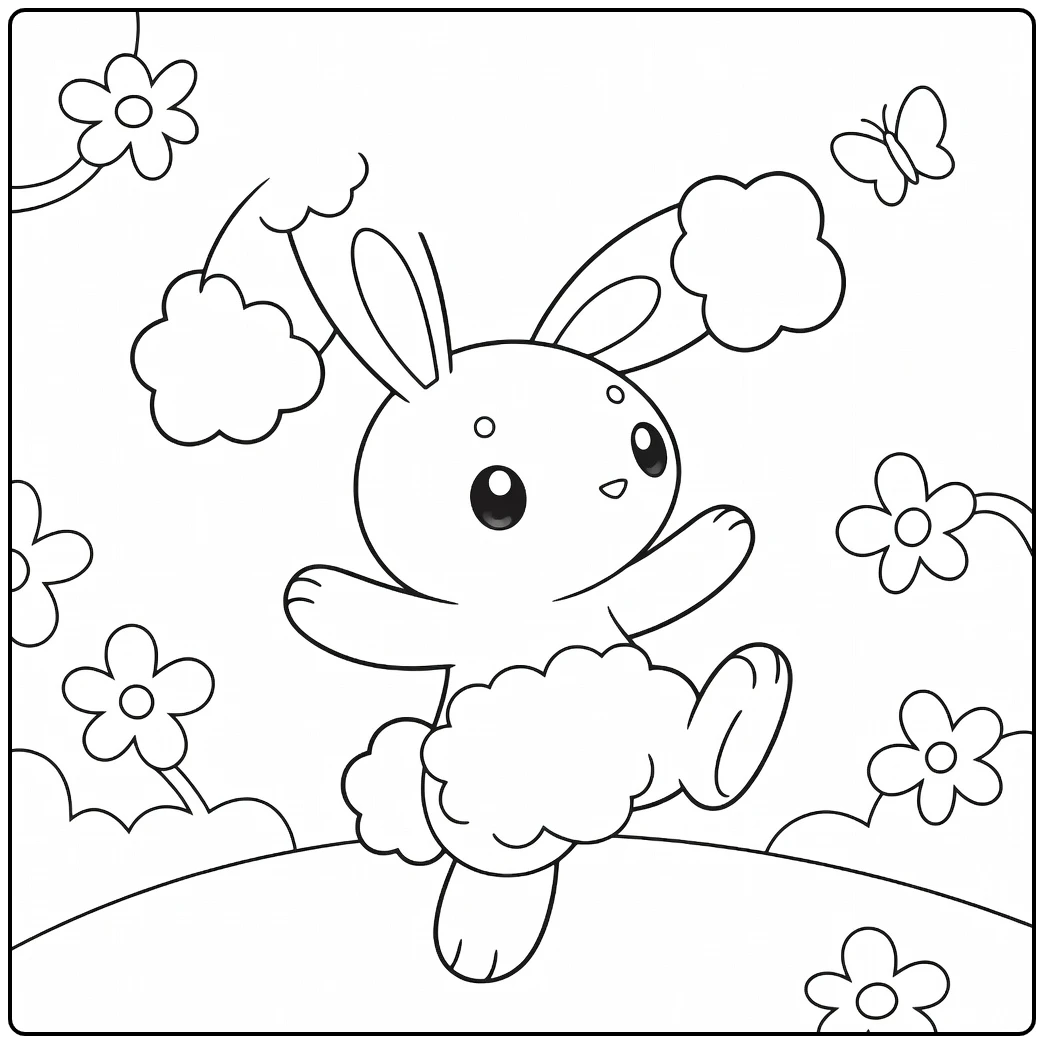 Pokemon Buneary kleurplaat: schattig springend met bloemen