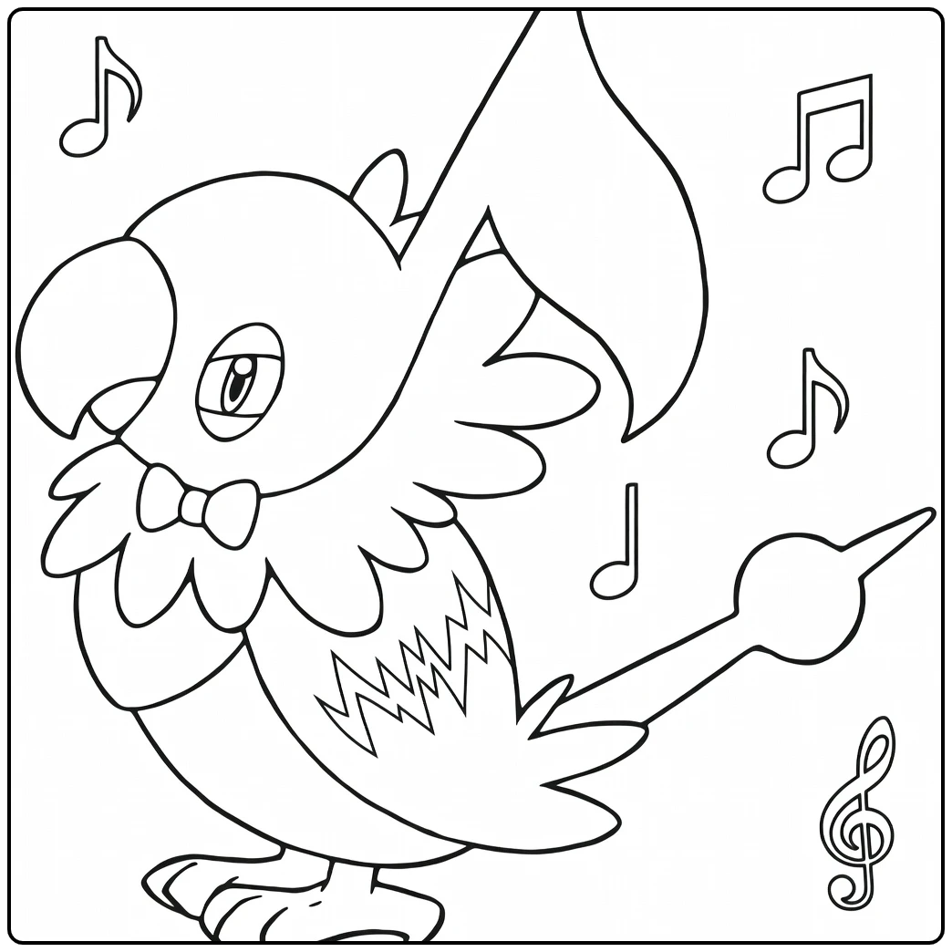 Pokemon Chatot kleurplaat met muzieknoten en das