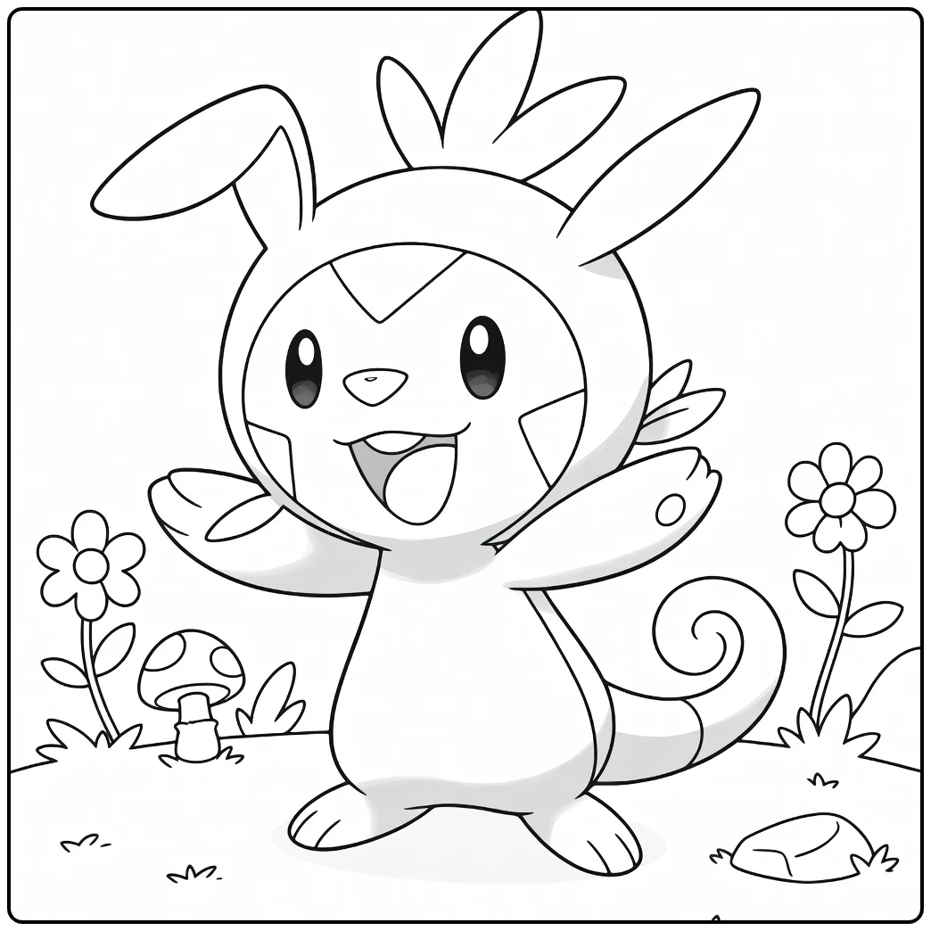 Pokemon Chespin kleurplaat met bloemen en paddenstoel