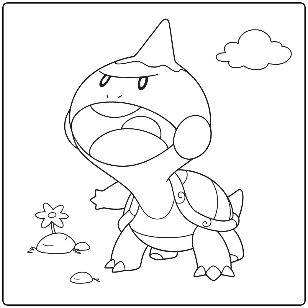 Pokemon Chewtle kleurplaat boze schildpad met helm en bloem