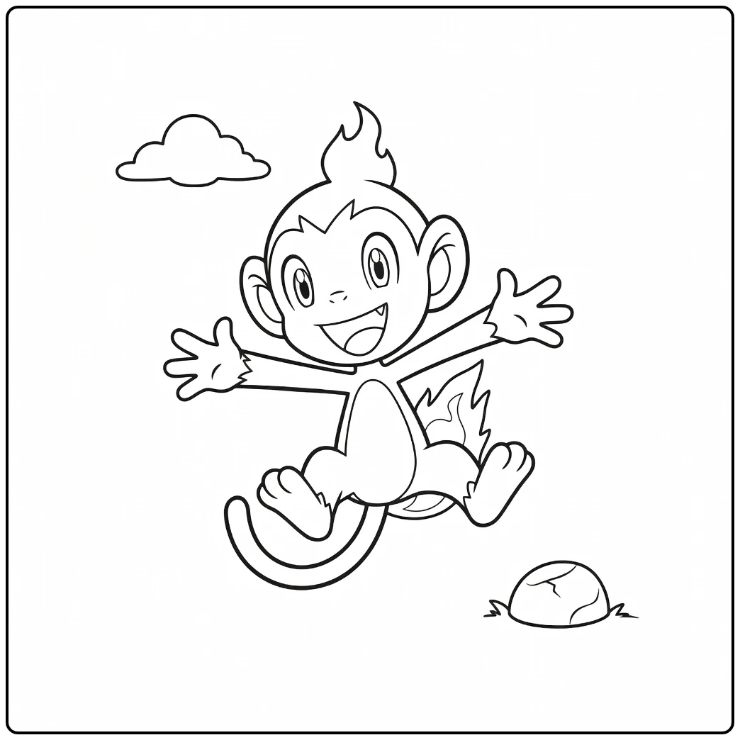 Pokemon Chimchar kleurplaat: blije springende aap met vlammen