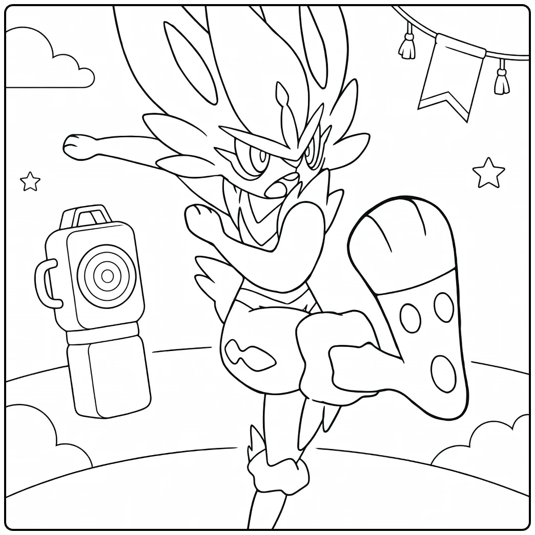 Pokemon Cinderace kleurplaat: kick pose met camera