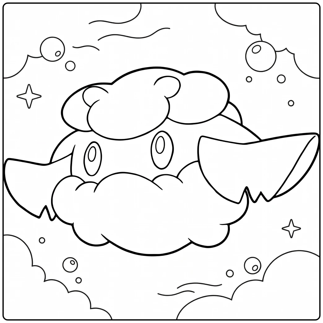 Pokemon Cottonee kleurplaat met wolken en bubbels