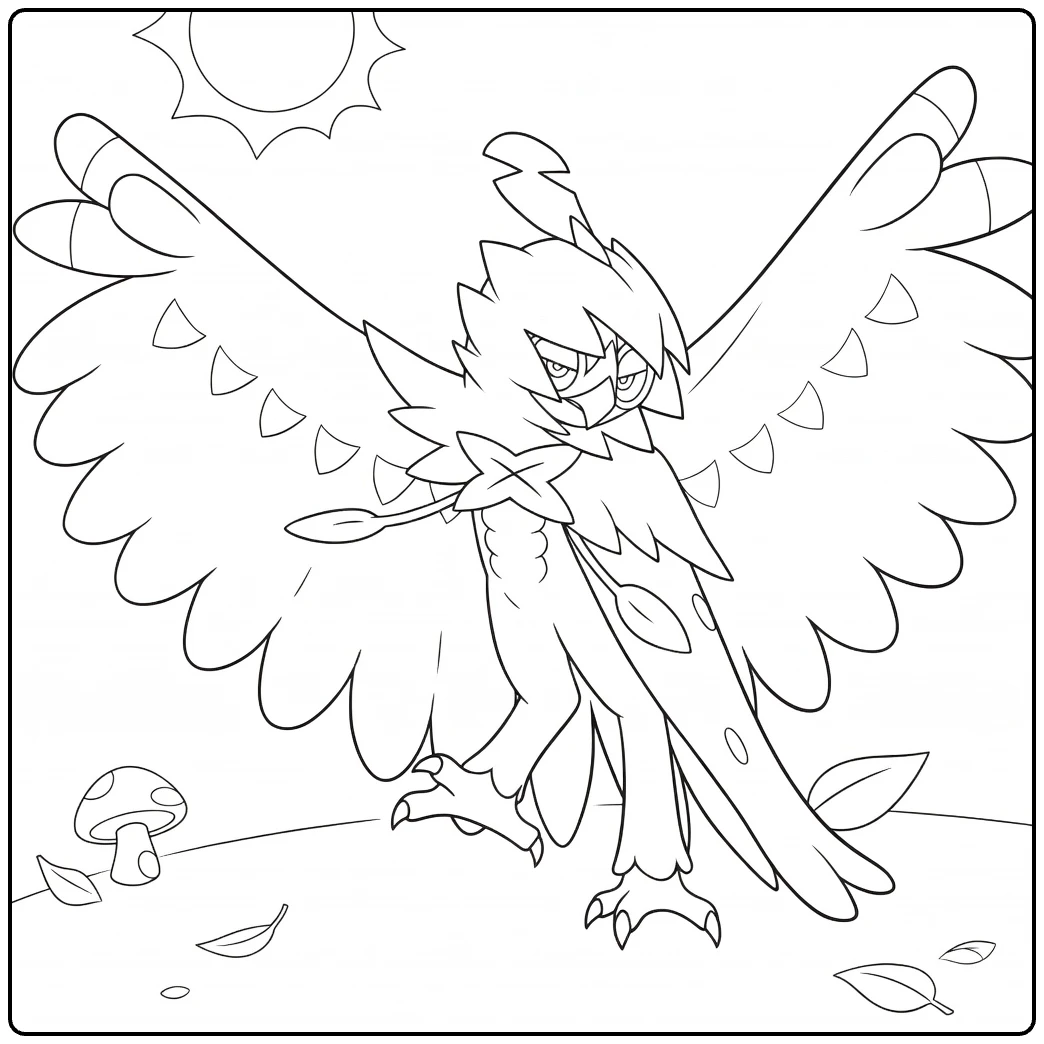 Pokemon Decidueye kleurplaat met vleugels en zon