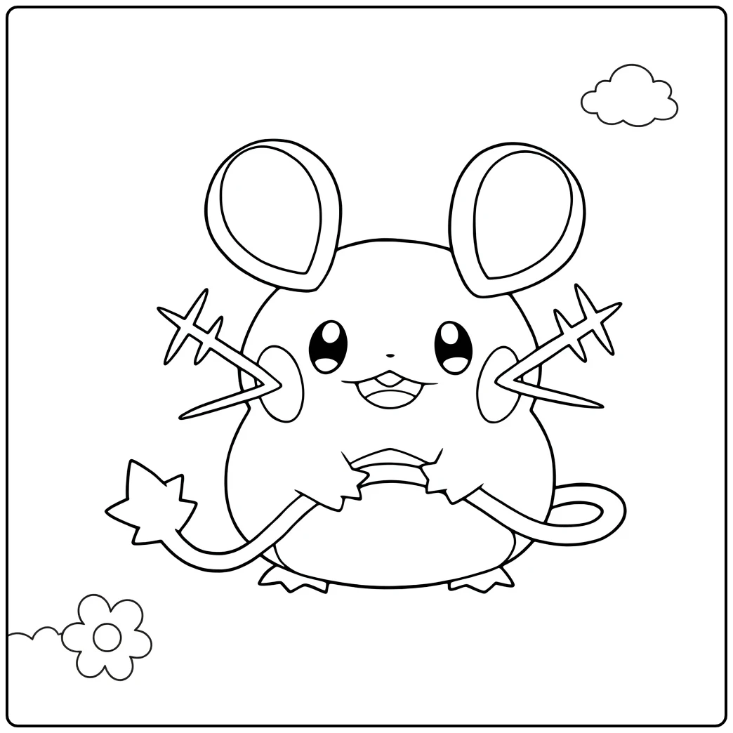 Pokemon Dedenne kleurplaat met wolken en bloemen