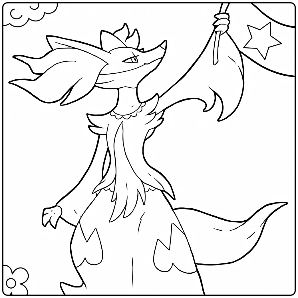 Pokemon Delphox kleurplaat met ster vlag en jurk