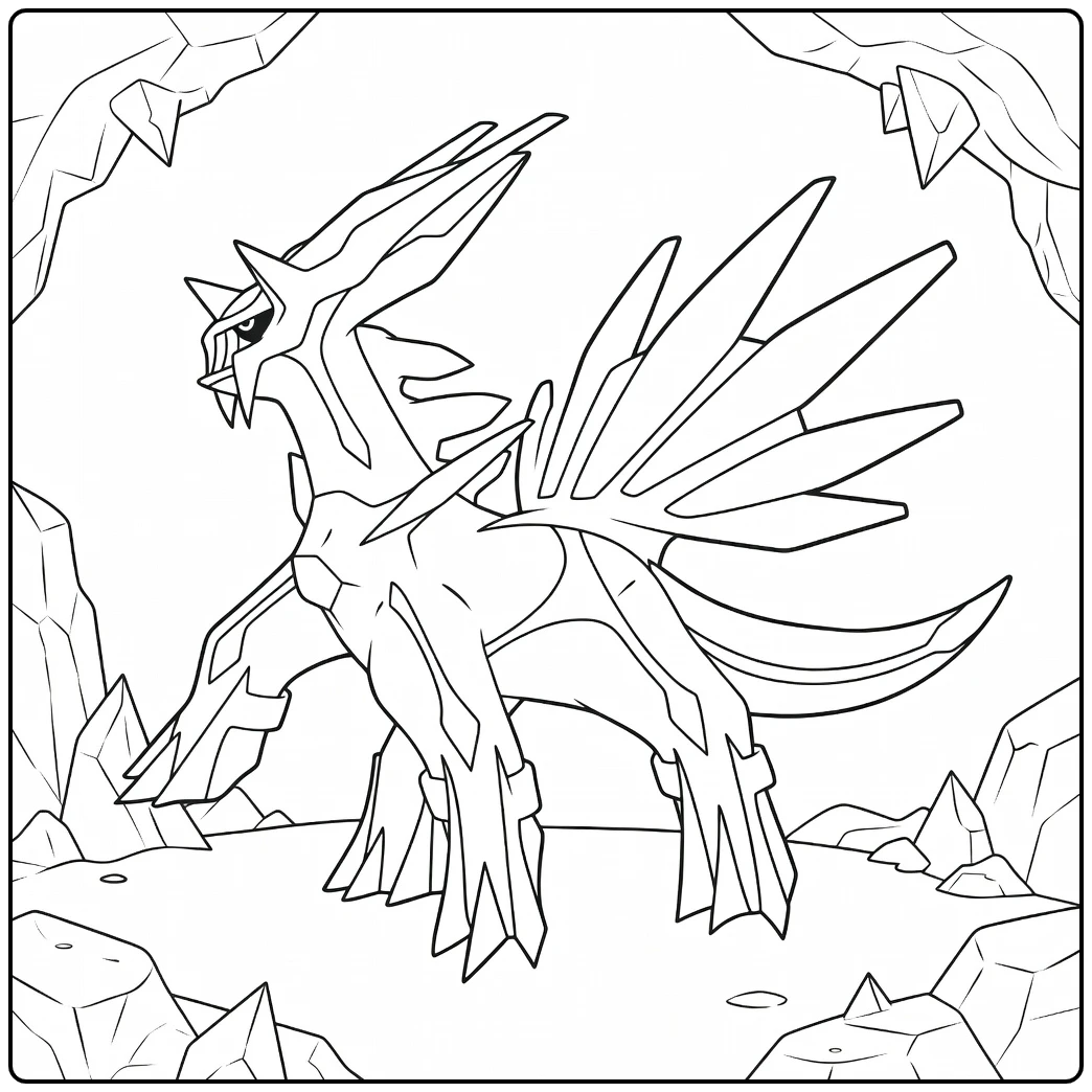 Pokemon Dialga kleurplaat met kristallen vleugels en rotsen
