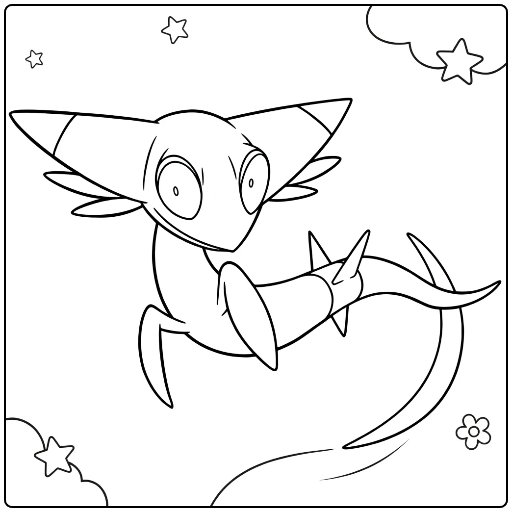 Pokemon Dreepy kleurplaat vliegend met sterren wolken