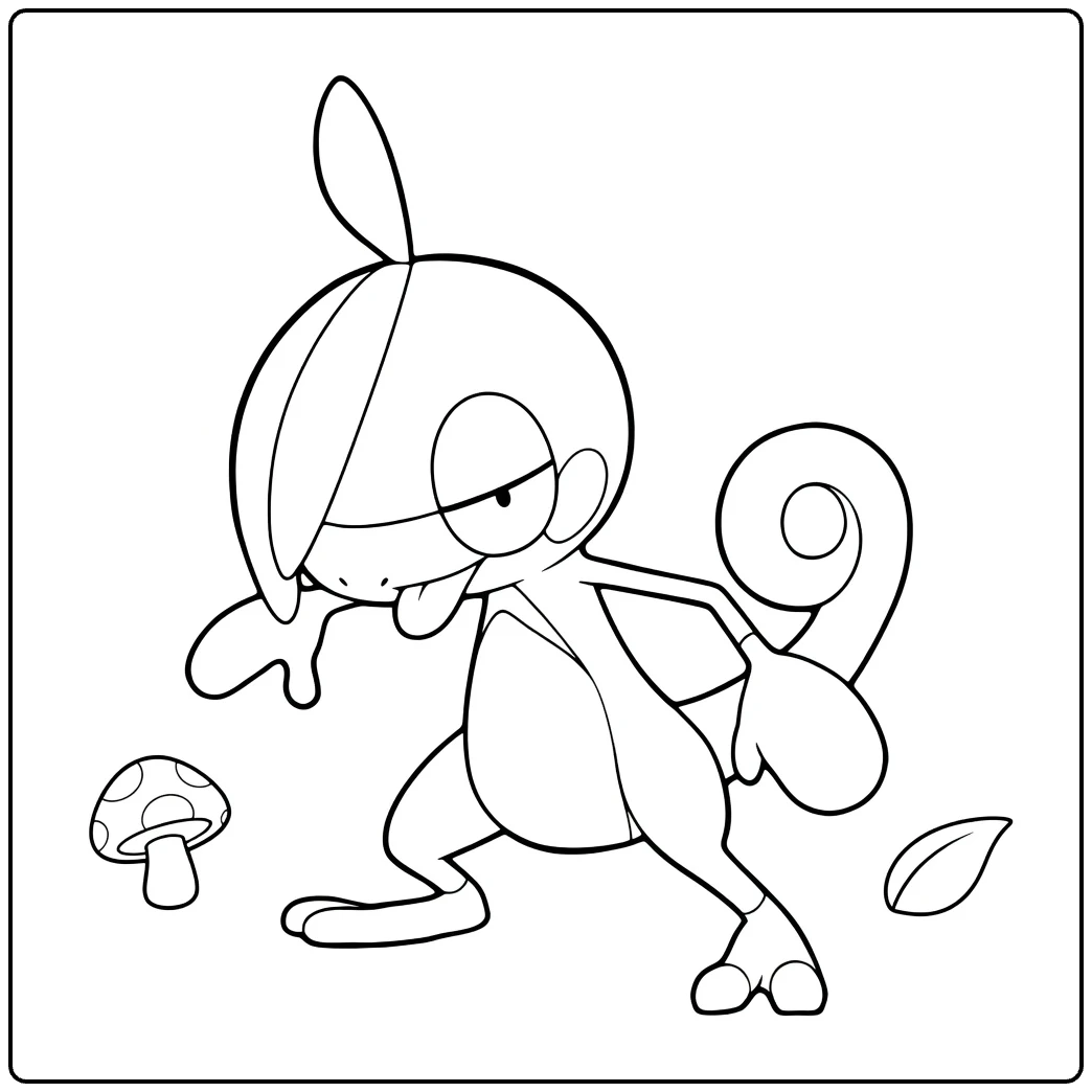 Pokemon Drizzile kleurplaat: speelse pose met tong en paddenstoel