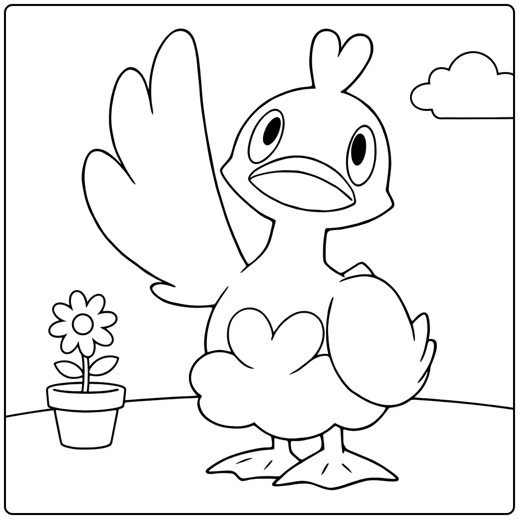 Pokemon Ducklett kleurplaat: schattig eendje met bloem