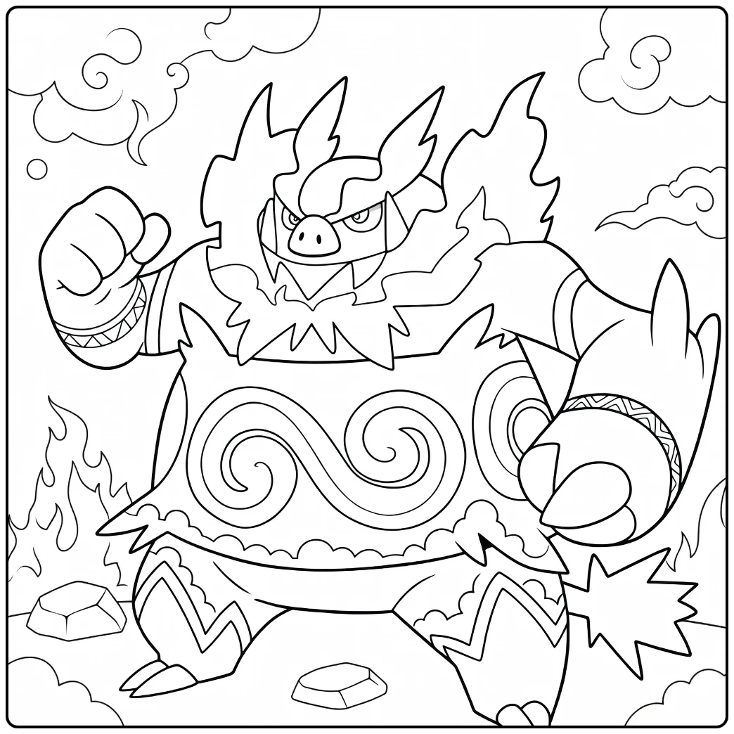 Pokemon Emboar kleurplaat met vlammen en strijdpose