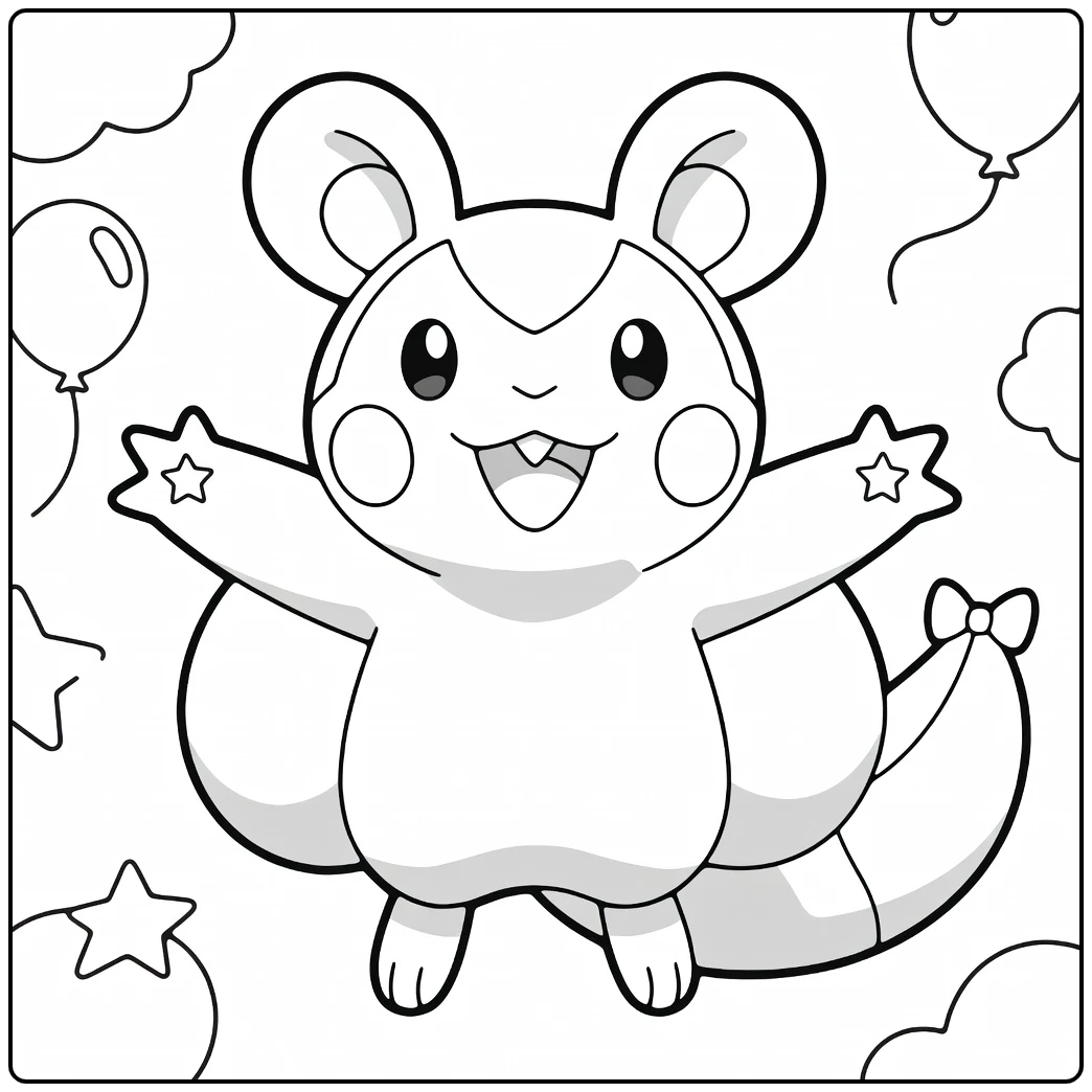 Pokemon Emolga kleurplaat met ballonnen en sterren