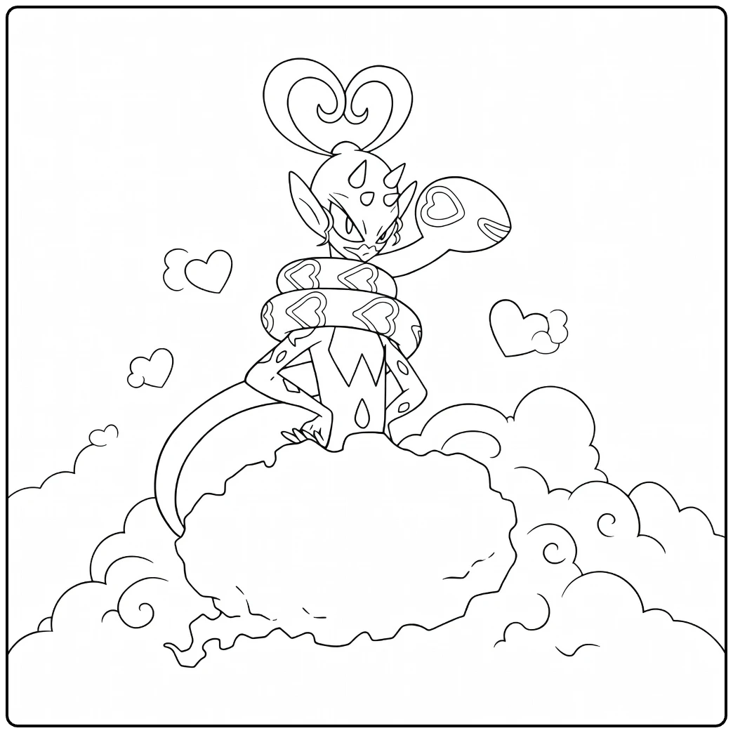 Pokemon Enamorus kleurplaat met hartenslang en wolken