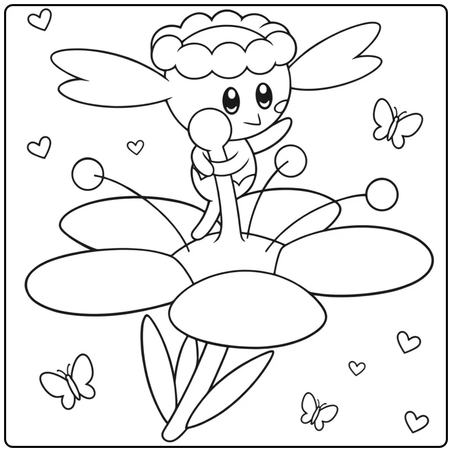 Pokemon Flabébé kleurplaat op bloem met vlinders
