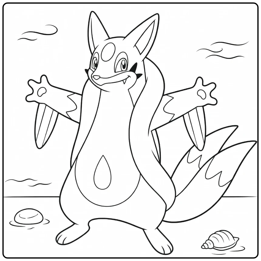 Pokemon Floatzel kleurplaat op strand met schelp en golven