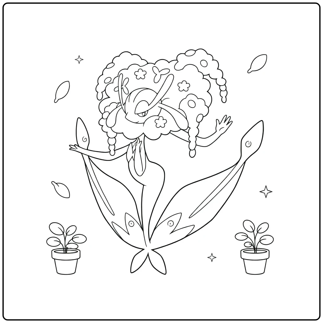 Pokemon Florges kleurplaat met bloemenrok en planten