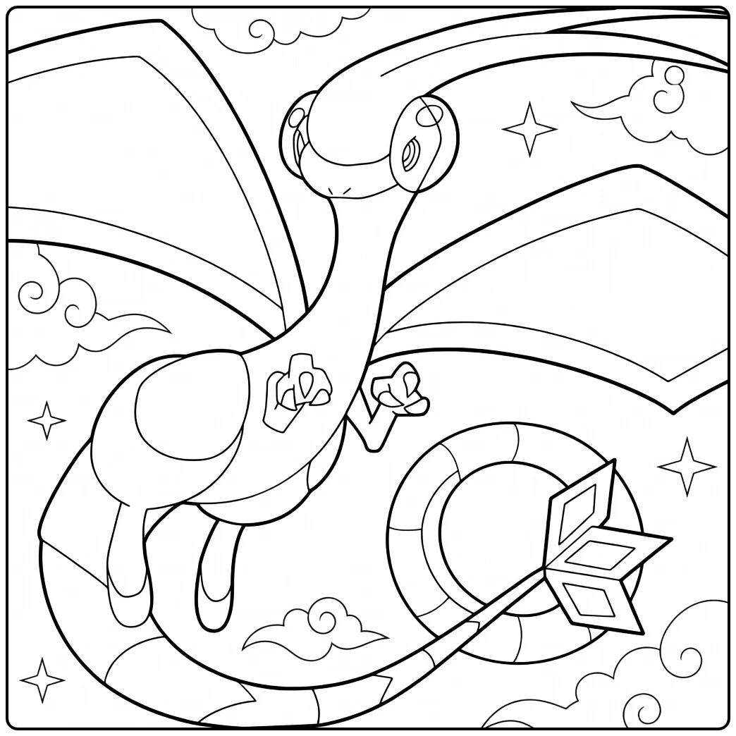 Pokemon Flygon kleurplaat vliegend met wolken en sterren